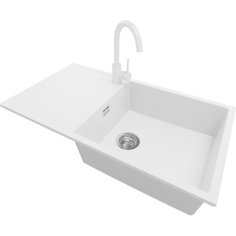 PRIMAGRAN Evier Cuisine en Granit 90x50cm, Lavabo 1 bac + Robinet 32x20cm + Kit de Vidage, Évier à Encastrer au meuble 60cm - Ibiza, Blanc