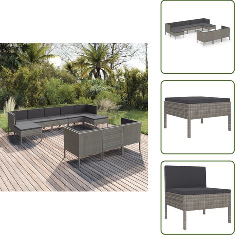 The Living Store Set Divani da Giardino 10 pz con Cuscini in Polyrattan Grigio - Set da giardino