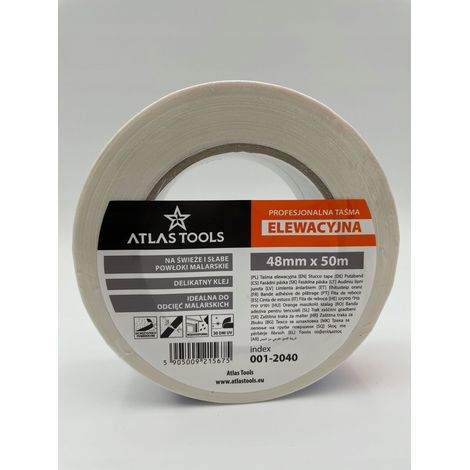 Cinta adhesiva blanca para fachadas ATLAS TOOLS, impermeable, delicada, resistente a los rayos UV, 30 d铆as, 48 mm/50 m (1/5)