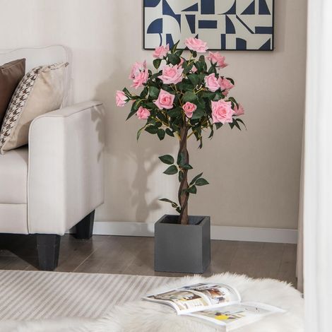 COSTWAY 93 cm Kunstbaum mit Blüten, künstlicher Blumenbaum, Kunstpflanze im Topf, Rosenbaum mit 21 Kiefernrosen und natürlicher Stamm, Kunstblume für Zuhause Büro, Zimmerpflanze Dekopflanze