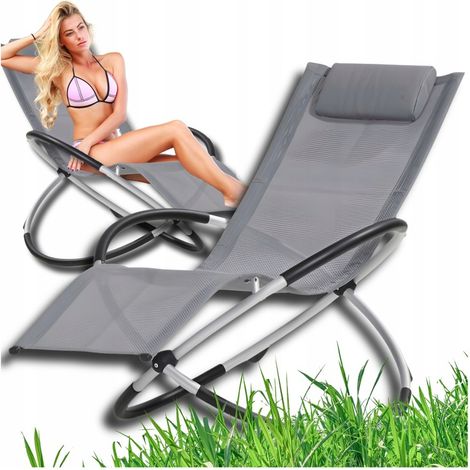 Comodo lettino a dondolo pieghevole in alluminio per giardino e spiaggia, colore grigio chiaro. (1/5)