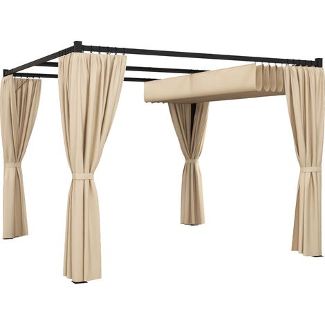 3 x 3(m) Retractable Pergola, Garden Gazebo Shelter with Curtains, for Grill, Patio, Deck, Beige
