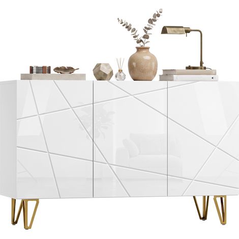 Buffet d'entrée à 3 portes et étagères réglables pour cuisine ou salon, 120 x 40 x 75 cm, blanc brillant (1/5)