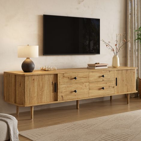 Modernluxe - Meuble TV bas 165cm - Banc TV de salon avec 4 tiroirs & 2 portes coulissantes, pieds massifs, style moderne - Marron (1/5)