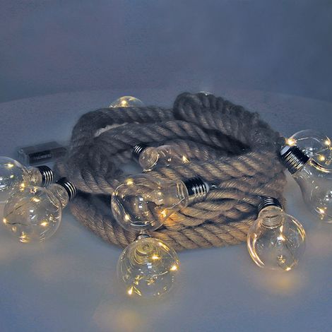 Ghirlanda a batteria fissa con 10 lampadine e 3 LED in ogni lampadina. Corda di iuta leggera color avorio caldo, 3,15 m