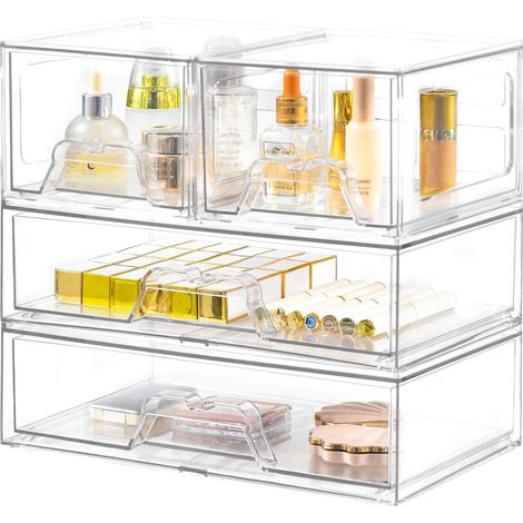 Set aus 4 stapelbaren Schubladen aus transparentem Acryl, ideal für Make-up, Badezimmer oder Schminktisch.