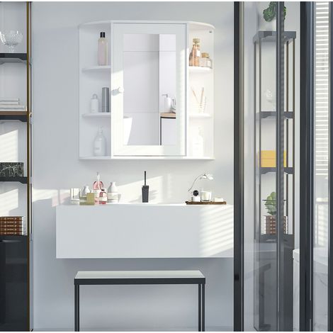 Spiegelschrank aus Holz in Weiß, 66 cm breit, wandmontiert, mit Spiegeltür und 8 Fächern (1/5)