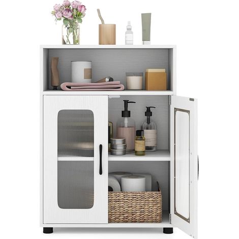 COSTWAY Mobile da Bagno, Mobiletto Salvaspazio con 2 Ante e Ripiano Regolabile a 3 Livelli, Scomparto Aperto, Design Anti-Ribaltamento e Piedini Rialzati, Armadietto per Lavanderia (Bianco) (1/5)