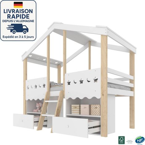 MODFU - Cama alta infantil de madera 90×200cm con almacenaje, 2 cajones, cama alta LED, sin colchón, blanco+natural (1/5)