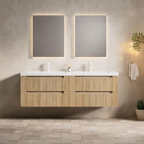 Vasque double en résine et meuble suspendu chêne blanc 160 cm (1/5)