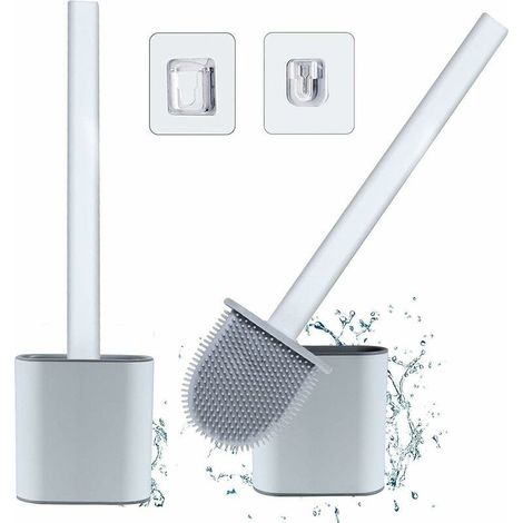 Brosse WC avec sort (Lot de 2) – Brosse WC en silicone avec long manche en plastique antidérapant et kit de sort à séchage rapide (sol/mur), brosse de salle de bain avec poils en silicone propre (1/5)
