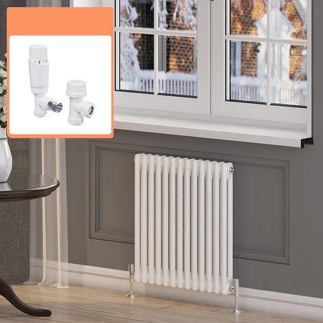 ELEGANT 600 x 592 mm White Traditional Column Designer Radiator Double Panel Radiator Heater 2 Column + White Thermostatic Radiator Valves (1/5)