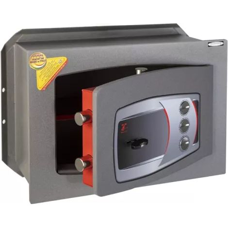TECHNOMAX – Coffre-fort à emmurer à clé + combinaison 3 boutons, certifié EN 14450:18-S2, 4 pênes, 14 L, 27x39x20 cm