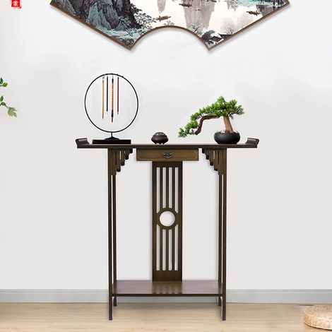 UNHO Konsolentisch schmal Holz 53x29x83cm Beistelltisch mit Schublade, Flurtisch mit 2 Ablagen Sofatisch (1/5)