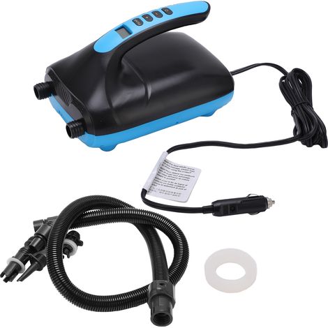 Pompe à air électrique portative bleue avec tuyau et buses à gaz pour gonflage paddle board, bateau pneumatique et matelas gonflable (1/5)