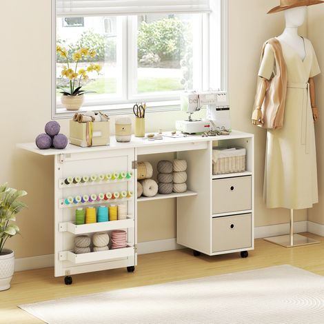 Design Table de couture pliante avec 6 roues, 18 chevilles, 2 tiroirs et 3 compartiments blancs