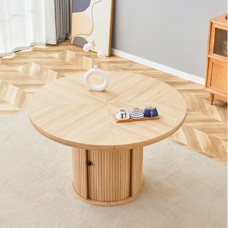 Mesa de comedor redonda con almacenamiento, 115 cm, MDF efecto madera, 4-6 plazas HAVRYA (1/5)