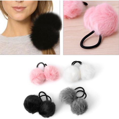 TRADE SHOP - Codino 2 Palle Palline Pon Pon Pelliccia Peluche A05 Colorato Elastico Ragazza -