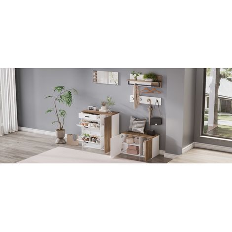 Set de meubles pour les chaussures et les vêtements, composé de 5 pièces : un placard pour les chaussures, une table à chaussures, un miroir, 1 étaggere suspendue, et un panneau pour ranger les vêteme (1/5)