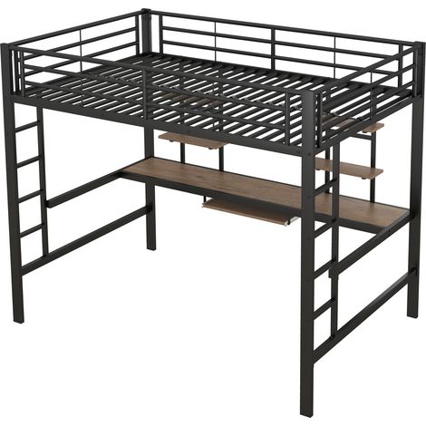 Cama alta de metal con escritorio y 2 estantes 140x200 cm negra HOMVRA (1/5)