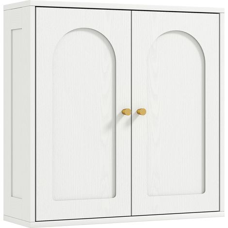 Mobiletto a parete, moderno mobile alto da bagno con doppie ante e maniglie dorate, 60x20x60 cm, bianco