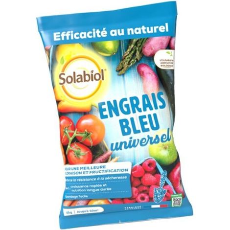 Engrais bleu universel 4Kg – Croissance rapide et nutrition longue durée – Renforce résistance à la sécheresse – Utilisable en agriculture biologique – SOBLEU4 – Solabiol