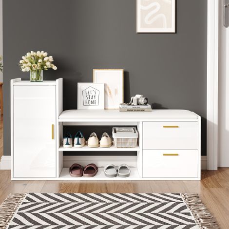 Armoire à chaussures blanche 128 x 30 x 68 cm avec 2 tiroirs coulissants, 1 porte et banc rembourré – rangement gain de place pour entrée, salon ou bureau