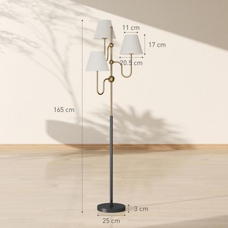 Lampadaire de 165 cm de haut avec 3 points lumineux et interrupteur au pied, douille E27, puissance maximale 40 W, doré (1/5)