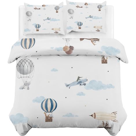 MontgolfièRe Housse de Couette 140x200 Avion Parure de Lit pour Enfant avec Fermeture Éclair, Housse de Couette 1 Personne Imprimée en Microfibre avec 2 Taie d'oreiller 65x65 cm (1/5)