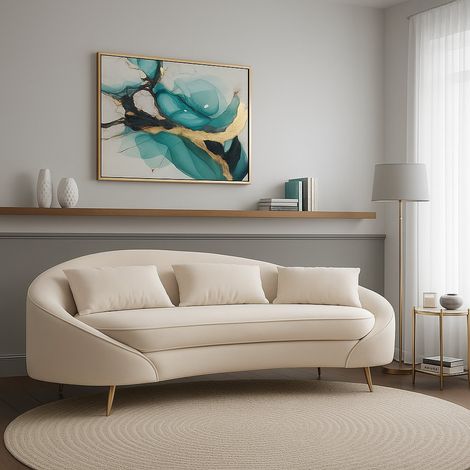 Dmora - Divano fisso 3 posti Pace, Sofà dritto, Divanetto per salotto, Poltrona matrimoniale con contenitore, 185x84 h68 cm, Crema e Oro (1/5)