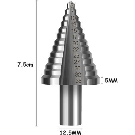 Stufenbohrer, doppelseitig geschlitzter konischer Stufenbohrer (5–35 mm) mit Titanbeschichtung, massiv, ideal zum Bohren in Stahl, Holz, Kunststoff, Messing, Aluminium und PVC (1/4)