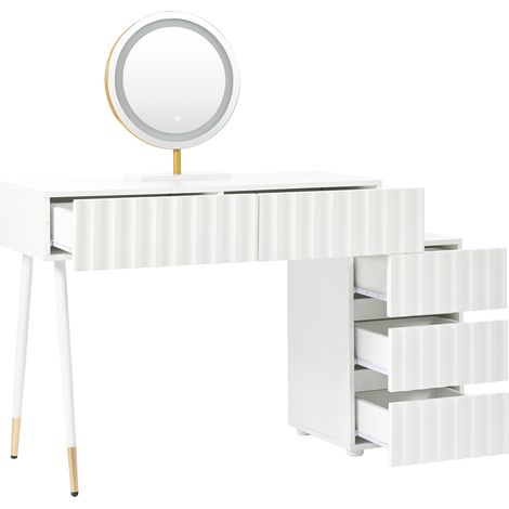 Coiffeuse blanche avec miroir LED rond et 5 tiroirs, 100 x 40 x 127 cm, MODENUIT (1/5)