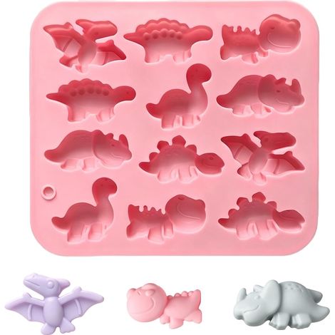 Moule silicone dinosaure 12 cavités, facile à démouler pour bonbons, chocolat, gelée, glaçons, mousse et décoration. Rose. (1/5)