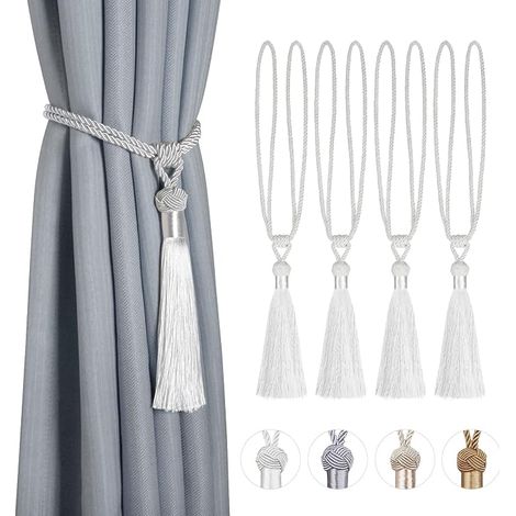 Juego de 4 alzapaños de cortina de cuerda trenzada, correa de poliéster y algodón, con borlas, accesorios decorativos para cortinas, color blanco (1/5)