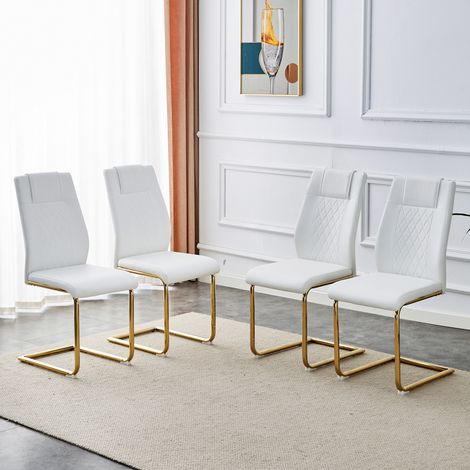 Sillas de comedor escandinavas en piel sintética blanca (4 piezas por caja), con respaldo de malla, patas de metal dorado y deslizadores antideslizantes, estilo A y (1/5)