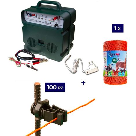Kit Complet pour Clôture Électrique : 1 x Electrificateur B12 Double Alimentation 12 V / 220 V + 1x Fil 500 MT 4 Mm² + 100 pcs Isolateur pour Piquets en FER - Clôture Électrifiée (1/4)