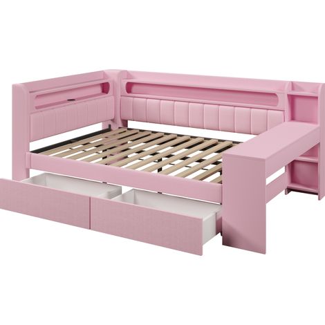 Letto da giorno imbottito 140 x 200 cm rosa con LED, USB, scrivania integrata e 2 cassetti (1/5)