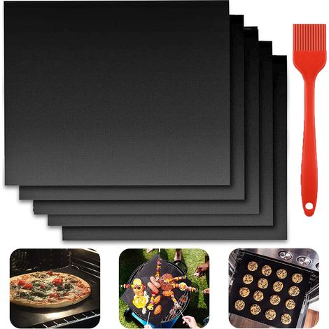Tapis de Cuisson Barbecue, 5 Pièces 40 x 33cm Tapis Barbecue Set, Feuilles de BBQ Anti-Adhérent, Réutilisable, Peut être coupé, pour Barbecue à Gaz, Électriques et Charbon, avec 1 Brosser (1/5)