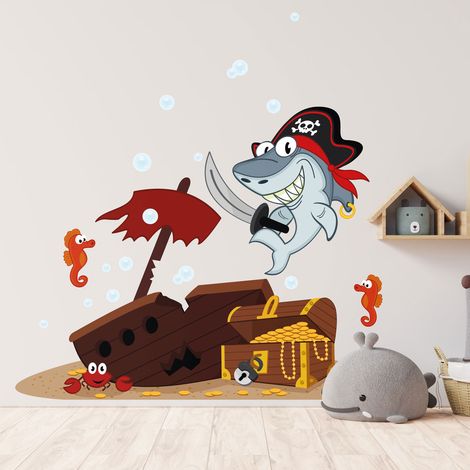 Stickers muraux Sticker Mural Autocollant - REQUIN PIRATE ET LE TRÉSOR - Stickers adhésifs - 90x60cm (1/5)