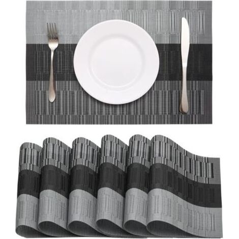Sets de Table Lavable Lot de 6 Sets de Table PVC Sets de Table Plastique Set de Table Moderne Résistant à la Chaleur Antidérapant pour Cuisine Table à Manger, 45x30cm (Noir-Gris) (1/4)
