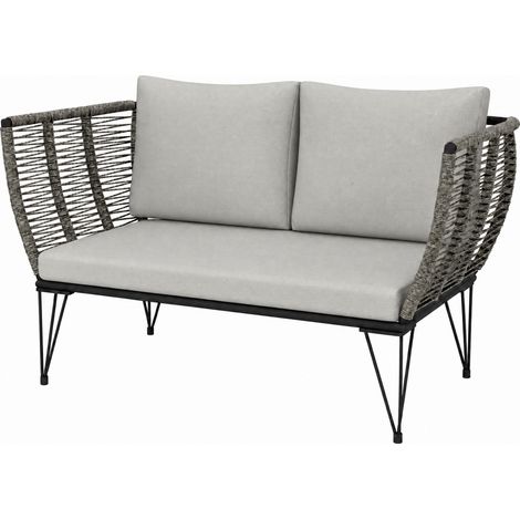 Canapé 2 places extérieur avec coussins, banc balcon en polyrotin, mobilier de jardin gris clair, 123 x 67 x 72 cm (1/5)