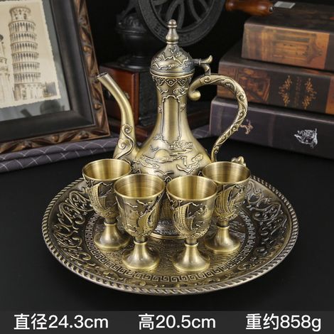 (Bronze antique) Coffret flasque à vin en métal avec verres à vin blanc (verre individuel) (1/5)