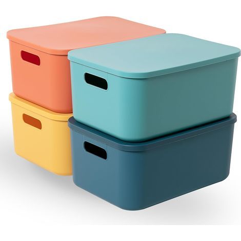 Set of 4 Stackable Plastic Storage Boxes with Lids, for Kitchen, Bathroom, Office and Children's Room (M) (1/5)
