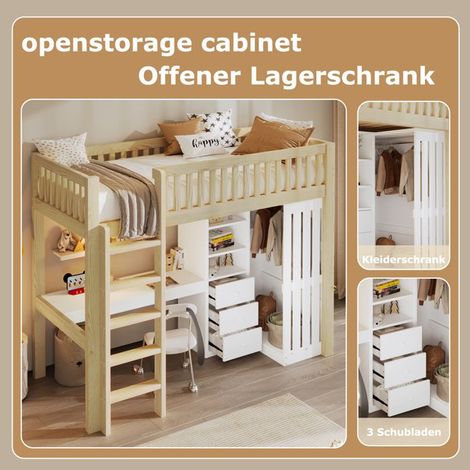 Lit mezzanine avec bureau et rangement - 90x200 cm - Naturel - Pin et MDF - Bureau intégré - Armoire ouverte - 3 tiroirs (1/5)