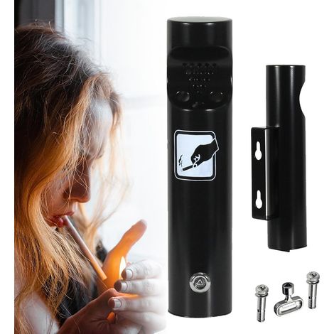Cenicero de pared para exteriores, cenicero cilíndrico de acero inoxidable cepillado, ideal para uso en exteriores en oficinas, restaurantes y bares (negro).