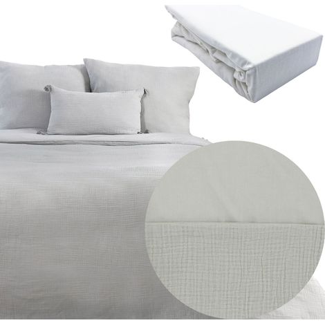 Parure 240x220 FABRIK gaze de coton GRIS + DH OBIO blanc 180x200 (1/4)