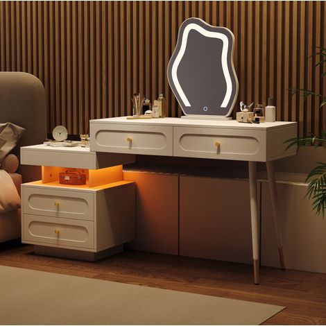 Coiffeuse avec miroir LED et éclairage, 4 tiroirs, 1 niche, blanche 140 x 40 x 130 cm DESVIAE (1/5)
