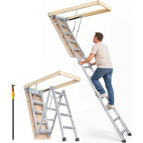 Échelle Télescopique Pliable de Grenier en Aluminium Capacité de Charge 158,8 kg 570x1600 mm Extension Polyvalente Légère Portable Hauteur d'Installation 2,9 m-3,7 m pour Grenier, Bureau, Maison (1/5)