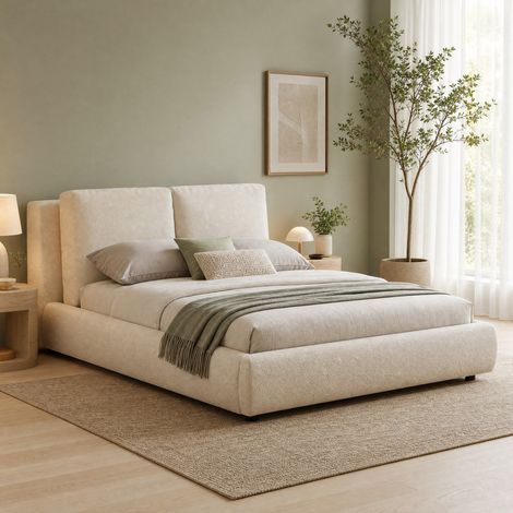 Letto matrimoniale 180x200 cm imbottito Bouclé beige con rete a doghe e grande vano contenitore