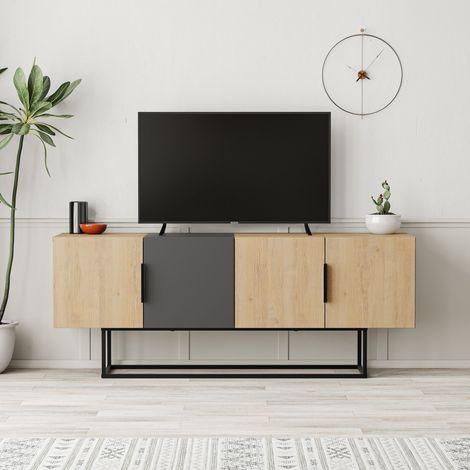 Decortie Tontini Modern TV Stand Multimedia Centre TV Unit With Storage Cabinet 140cm - Oak / Anthracite Grey (1/5)